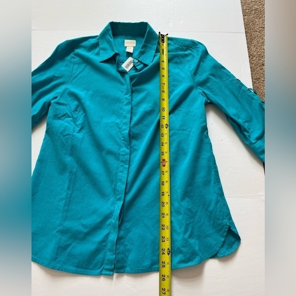 Chicos Lace Up Sleeve Button Up Shirt Size 0P Azul Isle New - Picture 7 of 8